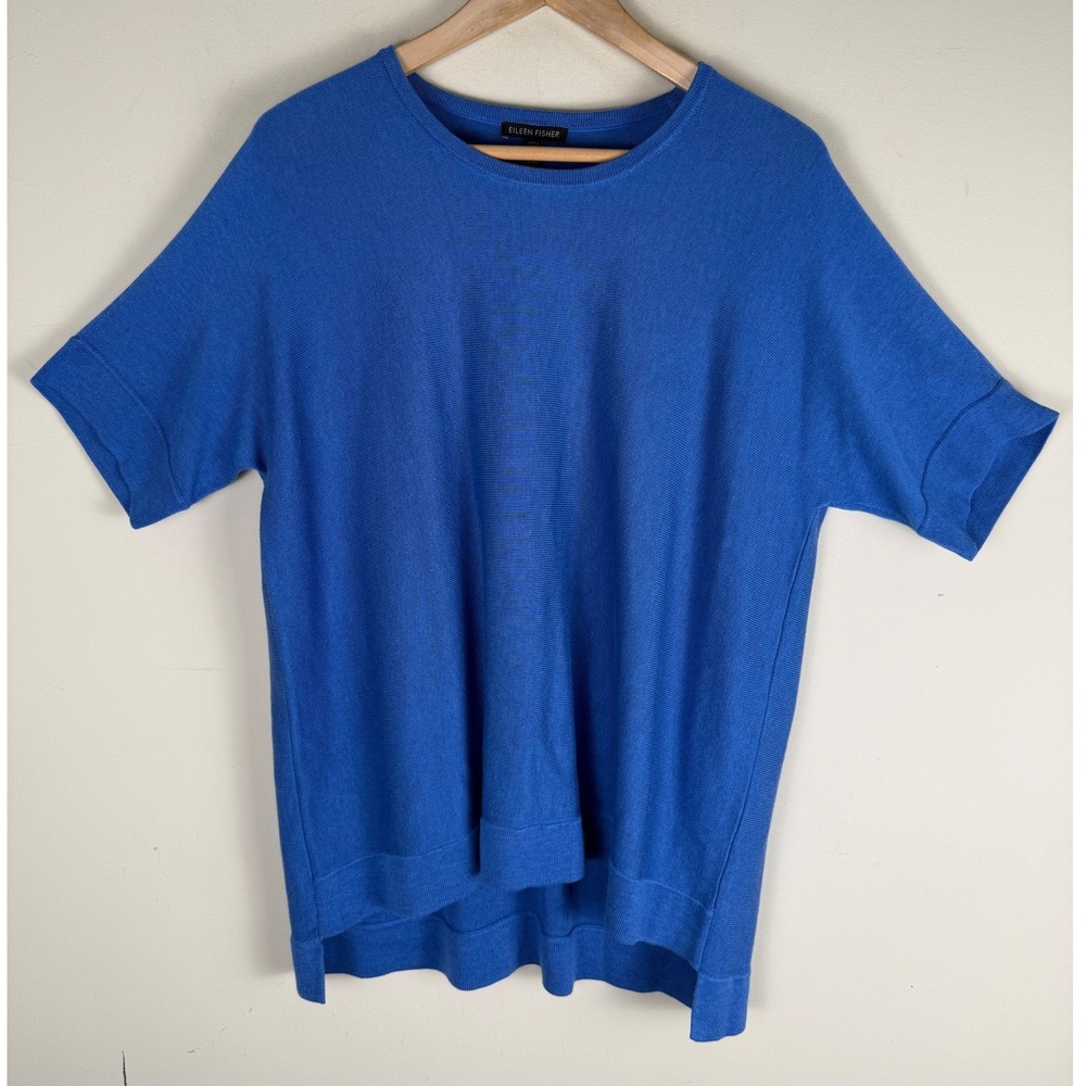 Eileen Fisher Blue Tencel/Silk Short Sleeve Knit Tunic Top High Low Size Large